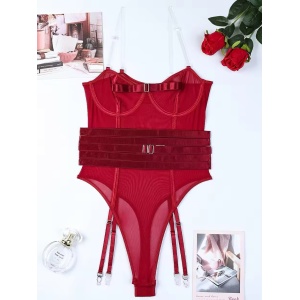 Body sexy cu bretele transparente si accesoriu talie cu prindere portjartier, visiniu, 3 piese #BB4561 - Img 11