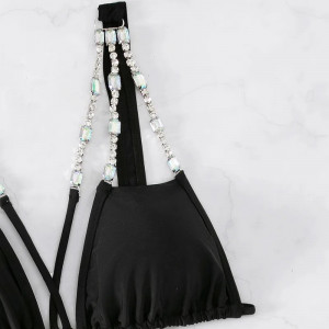 Costum de baie 2 piese cu decupaje, bretele si cristale decorative, negru #BB2101 - Img 10