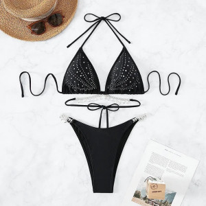 Costum de baie 2 piese cu elemente metalice si cristale decorative, negru #BB2540 - Img 6