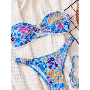 Costum de baie 2 piese cu imprimeu floral, sutien cu catarama metalica si bretele detasabile, albastru #BB2495 - Img 4
