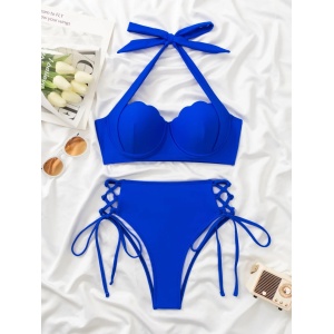 Costum de baie 2 piese cu push-up, slip cu taile inalta si șnururi laterale, albastru #BB2316 - Img 5