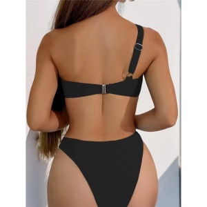 Costum de baie 2 piese cu sutien pe un umăr și accesorii metalice decorative , negru #BB2179 - Img 6