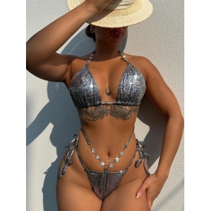 Costum de baie 2 piese metalizat cu decupaje la slip si cristale decorative, argintiu #BB2076 - Img 1