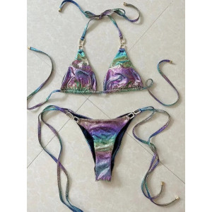 Costum de baie 2 piese metalizat, efect cameleon, elemente metalice decorative, multicolor #BB2418 - Img 10