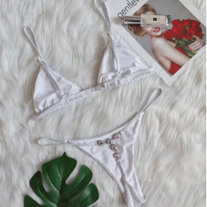 Costum de baie 2 piese sidefat, slip tanga cu cristale decorative la spate, alb sidefat #BB2441 - Img 10