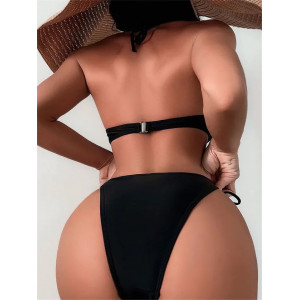 Costum de baie 2 piese, sutien cu push-up si perle albe decorative, slip brazilian reglabil, negru #BB2066 - Img 2