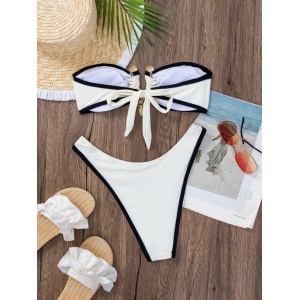Costum de baie 2 piese, sutien fara bretele cu accesoriu metalic auriu , bej/nude #BB2120 - Img 11