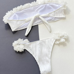 Costum de baie 2 piese texturat cu bustiera si flori decorative aplicate, alb #BB2062 - Img 5