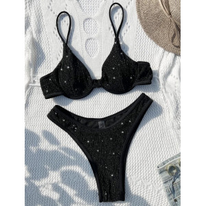 Costum de baie 2 piese texturat cu insertii fine de sclipici, negru #BB2334 - Img 9
