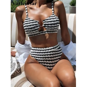 Costum de baie 2 piese texturat, in dungi, slip cu talie inalta, alb/negru #BB2268 - Img 5