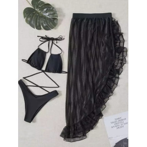  Costum de baie 3 piese cu fista lunga crapata pe picior, negru #BB2022 - Img 3