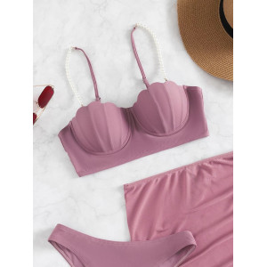 Costum de baie 3 piese cu push-up, fusta ecurta cu snur reglabil, sutien cu perle decorative, roz #BB2557 - Img 6