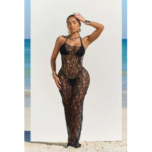 Costum de baie 3 piese cu rochie lunga crosetata, cu spatele gol, slip tanga, negru #BB2013 - Img 2