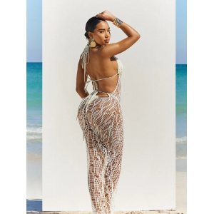 Costum de baie 3 piese cu rochie lunga crosetata, cu spatele gol, slip tanga, alb #BB2021 - Img 3
