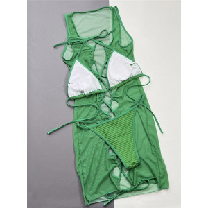 Costum de baie 3 piese texturat, rochie scurta cu snur reglabil in fata, verde #BB2135 - Img 5