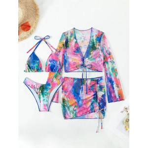 Costum de baie 4 piese cu bluza si fusta scurta, snururi reglabile, multicolor #BB2233 - Img 5