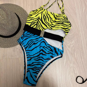 Costum de baie intreg cu decupaj, curea decorativa, imprimeu zebra, albastru/ verde neon #BB1170 - Img 12