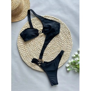 Costum de baie intreg cu decupaje și decorațiuni metalice aurii, negru #BB1199 - Img 3