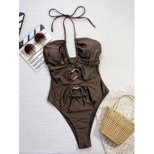 Costum de baie intreg cu decupaje și șnur reglabil, maro #BB1203 - Img 5