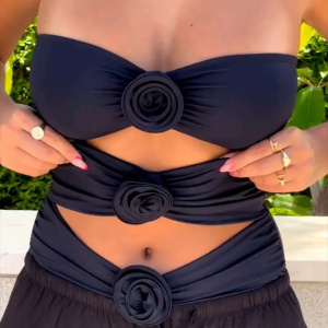 Costum de baie intreg fara bretele, cu decupaje si trandafiri decorativi, negru #BB1165 - Img 4