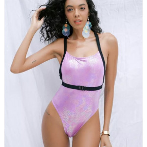 Costum de baie intreg metalizat, cu spatele gol, imprimeu sarpe, roz #BB1097 - Img 3