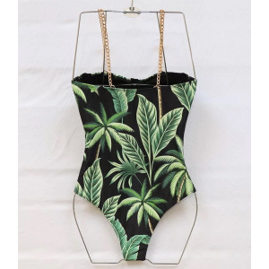 Costum de baie intreg sexy cu imprimeu, bretele din lant auriu, verde/ negru #BB1086 - Img 8