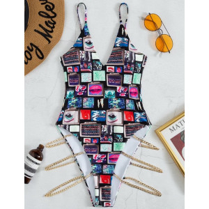 Costum de baie intreg sexy, cu imprimeu si lanturi aurii decorative, multicolor #BB1031 - Img 2