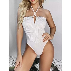 Costum de baie intreg sexy, sidefat, material texturat in partea superioara, alb #BB1037 - Img 3