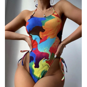 Costum de baie intreg tanga, cu snururi reglabile si spatele gol, multicolor #BB1042 - Img 1