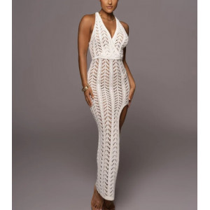 Rochie de plaja lunga tricotata cu spatele gol, decolteu in V si crapatura pe picior, alb #BB1027 - Img 3