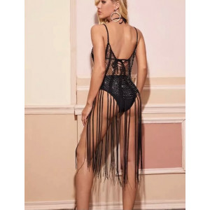 Rochie de plaja midi crosetata fin cu franjuri lungi si strasuri argintii, negru #BB1104 - Img 4