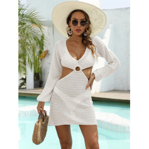 Rochie de plaja scurta tricotata cu maneci lungi evazate si decupaje, alb #BB1084 - Img 1