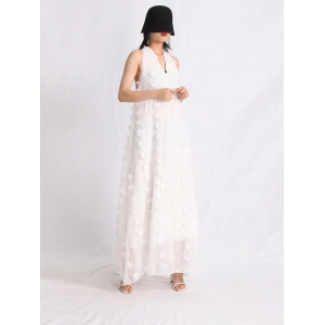 Rochie lunga de plaja vaporoasa, oversize, cu spatele gol si broderie in relief, alb #BB1022 - Img 6