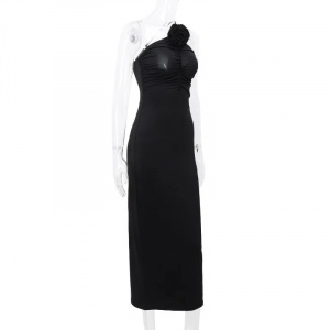 Rochie lunga sexy mulata cu trandafir decorativ detasabil, negru #BB1119 - Img 18