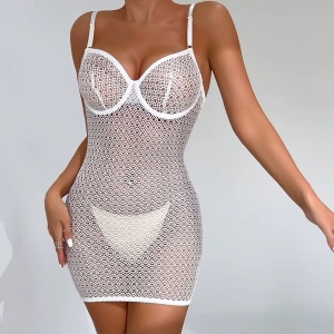Rochie sexy de noapte din dantela elastica cu snur reglabil la spate, alb #BB4082 - Img 4