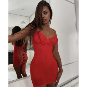 Rochie sexy de noapte din dantela fina elastica cu snur reglabil la spate, rosu #BB4123 - Img 12