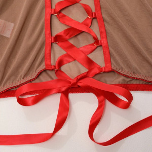 Rochie sexy de noapte din dantela fina elastica cu snur reglabil la spate, nude/rosu #BB4284 - Img 11