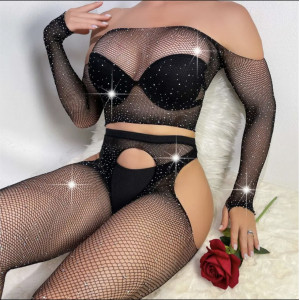 Set bluza cu manca lunga si ciorapi tip dres decupati, cu cristale decorative, negru, 2 piese #BB4648 - Img 6