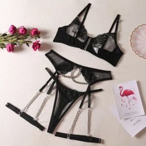 Set lenjerie intima se y din dantela brodata si lanturi decorative, negru, 4 piese #BB4003 - Img 5