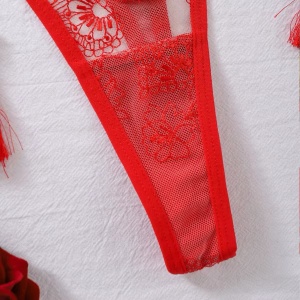 Set lenjerie intima sexy brodata, cu insertii de tul si lanturi decorative, rosu/ nude, 4 piese #BB4119 - Img 15
