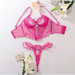 Set lenjerie intima sexy din dantela brodata cu corset si inimioare decorative, roz fucsia, 2 piese #BB4384 - Img 15