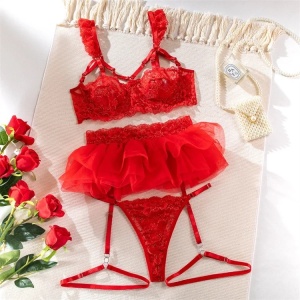 Set lenjerie intima sexy din dantela brodata cu insertii subtile aurii, rosu, 4 piese #BB4153 - Img 10