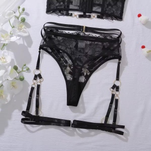 Set lenjerie intima sexy din dantelă, chilot cu talie înaltă și portjartier, negru, 3 piese #BB4736 - Img 8