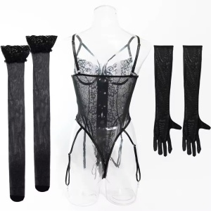 Set lenjerie intima sexy din dantela cu body, manusi si ciorapi plasa, negru, 3 piese #BB4408 - Img 20