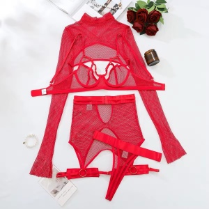 Set lenjerie intima sexy din dantela elastica tip plasa, rosu, 5 piese #BB4661 - Img 10