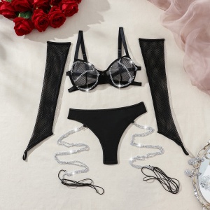 Set lenjerie intima sexy din dantela fina cu manusi si lantisoare decorative, negru, 3 piese #BB4483 - Img 7
