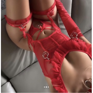 Set lenjerie intima sexy din dantela fina elastica cu elemente metalice decorative, rosu, 4 piese #BB4587 - Img 2