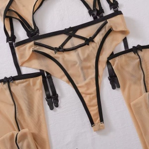 Set lenjerie intima sexy din dantela fina elastica cu manusi si ciorapi inalti, nude , 5 piese #BB4038 - Img 14