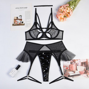 Set lenjerie intima sexy din dantela finala elastica si piele ecologica, negru, 5 piese #BB4196 - Img 10