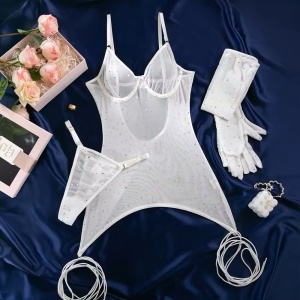 Set lenjerie intima sexy elastica cu cristale decorative si manusi lungi, alb, 3 piese #BB4628 - Img 5